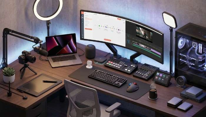 Modern professional studio with multi-monitor desk setup and content creation Tools.